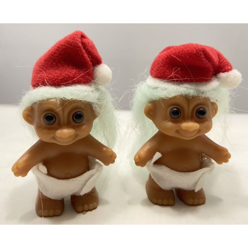 VINTAGE MINI Troll Dolls‎ LOT OF 2 Baby Santa Diaper Christmas Hat Russ 90s Gift